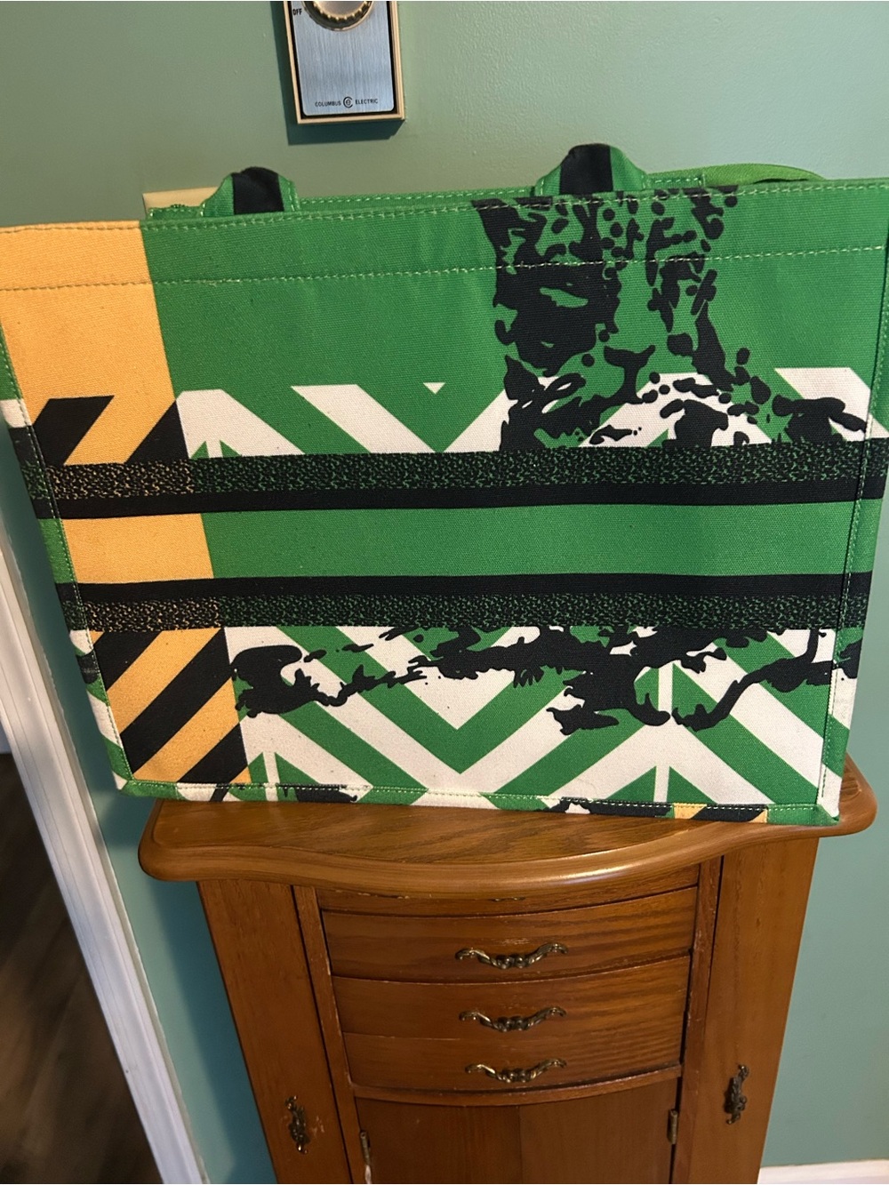 Canvas Tote Bag in Green and Yellow - leopard
